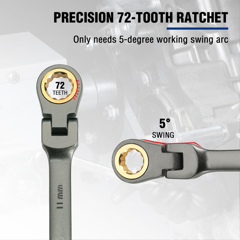 WORKPRO 11 mm Flex-Head Ratcheting Combination Wrench, Cr-V Constructed, Nickel Plating, 72-Tooth, 12 Point Design, Metric - Image 4