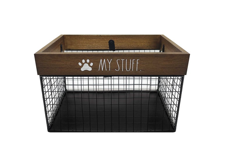 Rae Dunn Rae Dunn Pet Toy Storage Bin  Metal and Wood Organizer for Dog Toys Treats Leashes  Cat Toy Basket Container  Dark Wood 