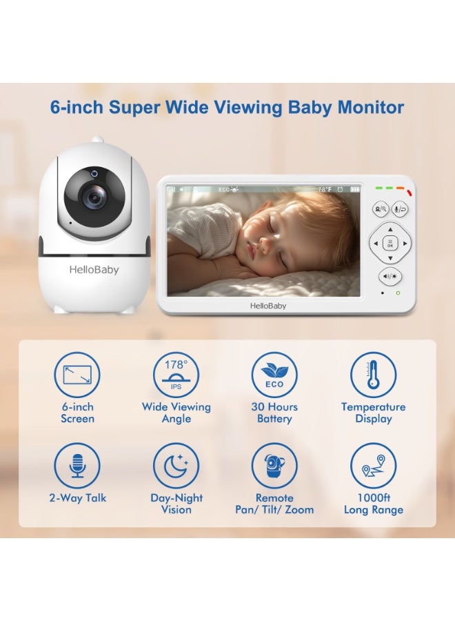 Hellobaby HB6563 Baby Video Monitor | 2025 Model | World’s First 6" IPS HD Display, 1000ft Range, 4000mAh Battery, Pan Tilt Zoom, VOX Mode, Lullabies, Temp Sensor | 2.4GHz FHSS | 1-Year Warranty | UAE Authorized Distributor - Image 2