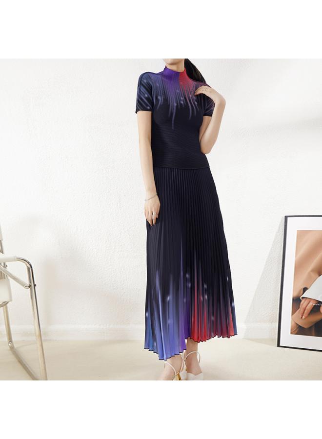 Sanzhai Women's Pleated Suit Top Women's T-shirt All-match Skirt Slimming Fashion Printed Two-piece Summer Wear