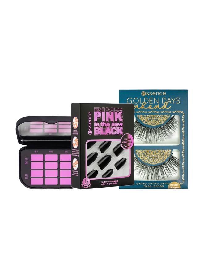 Essence Pink Is The New Black Colour-Changing Click & Go Nails 01 Show Your Pink Side & Golden Days Ahead False Lashes Focus On The Gold! & Magnetic Lashes Storage Case Black/Pink Bundle - Image 1