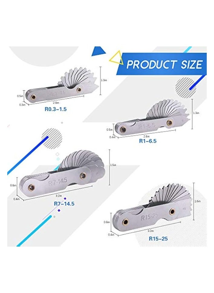 PROMASS 4 Pack R0.3-1.5/ R1-6.5/ R7-14.5/ R15-25 Radius Gauge Set, Stainless Steel Radius Fillet Gage Portable Concave Convex Measuring Tool for Tool and Die Makers Check - Image 2