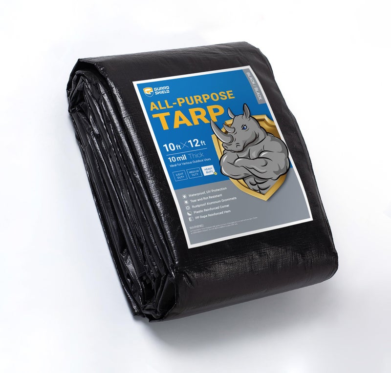 GUARD SHIELD Tarps Heavy Duty Waterproof 10x12 Feet Black Poly Tarp Cover Outdoor Thick UV Resistant Tarpaulin with Grommets 10mil - Image 1