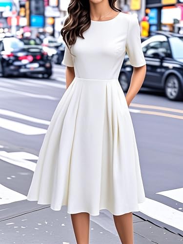 oxiuly White Cocktail Guest Cocktail Novelty Dresses for Mother Teacher's Gift Christmas Elegant Casual New Year Hepburn Style Vintage Dress with Pockets OX165 White 5F L - Image 3