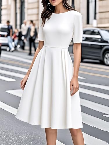 oxiuly White Cocktail Guest Cocktail Novelty Dresses for Mother Teacher's Gift Christmas Elegant Casual New Year Hepburn Style Vintage Dress with Pockets OX165 White 5F L - Image 2