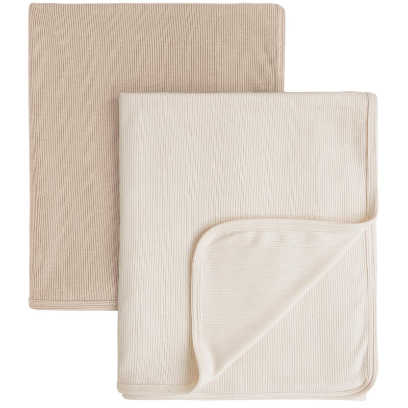 Konssy Knit Baby Blanket 2 Pack, Soft Ribbed Swaddle Receiving Blankets for Boys & Girls, Lightweight Cozy Swaddling Wrap for Newborns, Infants, & Toddlers, 33x42 Inch (Camel, Beige) - Image 1