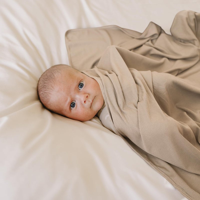 Konssy Knit Baby Blanket 2 Pack, Soft Ribbed Swaddle Receiving Blankets for Boys & Girls, Lightweight Cozy Swaddling Wrap for Newborns, Infants, & Toddlers, 33x42 Inch (Camel, Beige) - Image 4