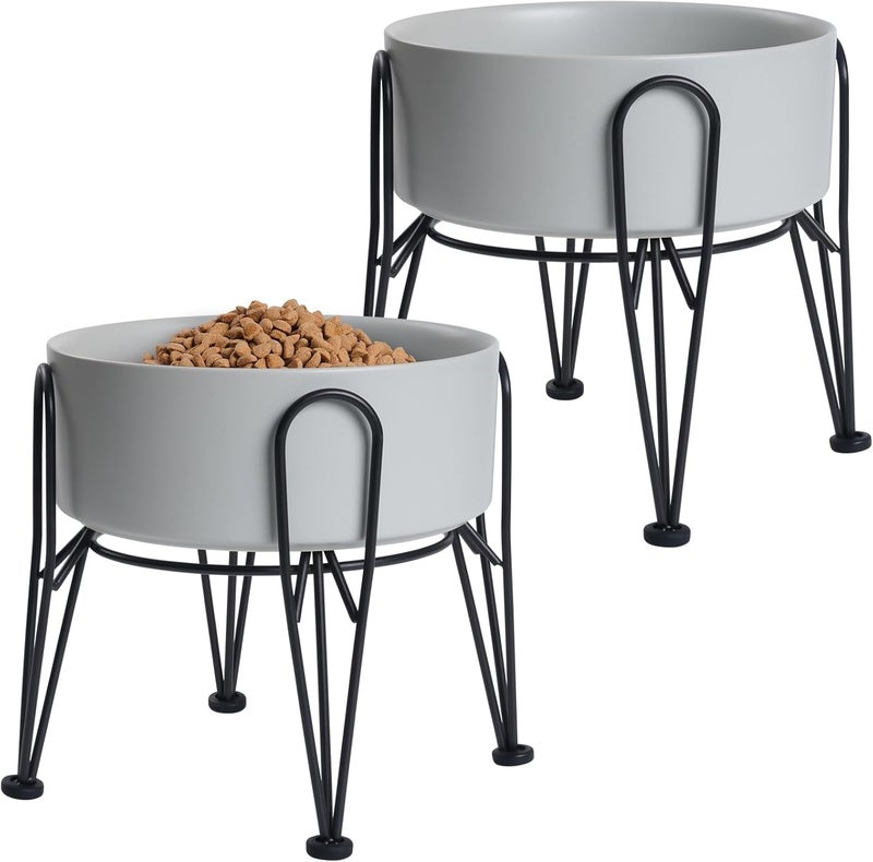 Kitwinney Elevated Dog Bowls, Ceramic Raised Dog Bowl Set with Anti-Slip and Non-Tip Metal Stand, 2 Pack Pet Food and Water Feeding Bowls for Small and Medium Dogs (Gray,7.6 Cups) - Image 1