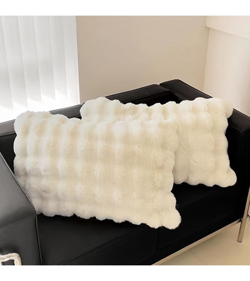 Beige Faux Rabbit Plush Pillow Ultra Soft Machine Washable Zipper Closure - Image 1