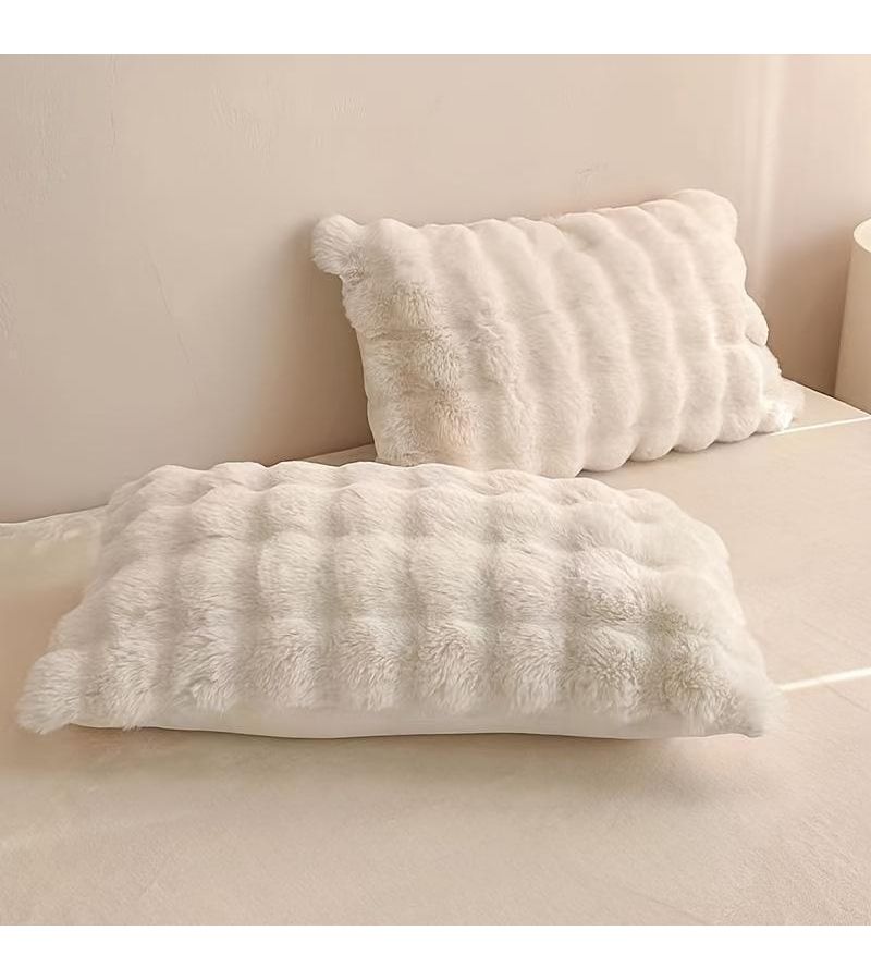 Beige Faux Rabbit Plush Pillow Ultra Soft Machine Washable Zipper Closure - Image 2