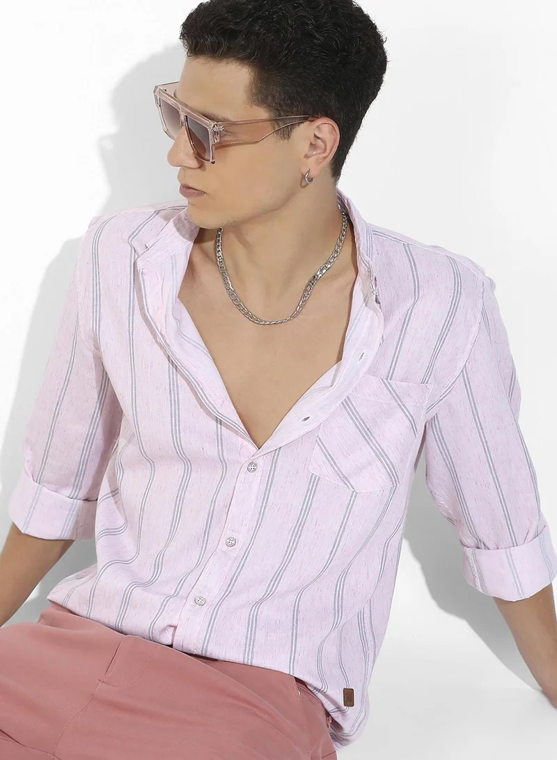 Campus Sutra Campus Sutra Men's Pink Heathered Striped Shirt For Casual Wear | Spread Collar | Long Sleeve | Button Closure | Cotton Twill Blend Shirts Crafted With Comfort Fit For Everyday Wear