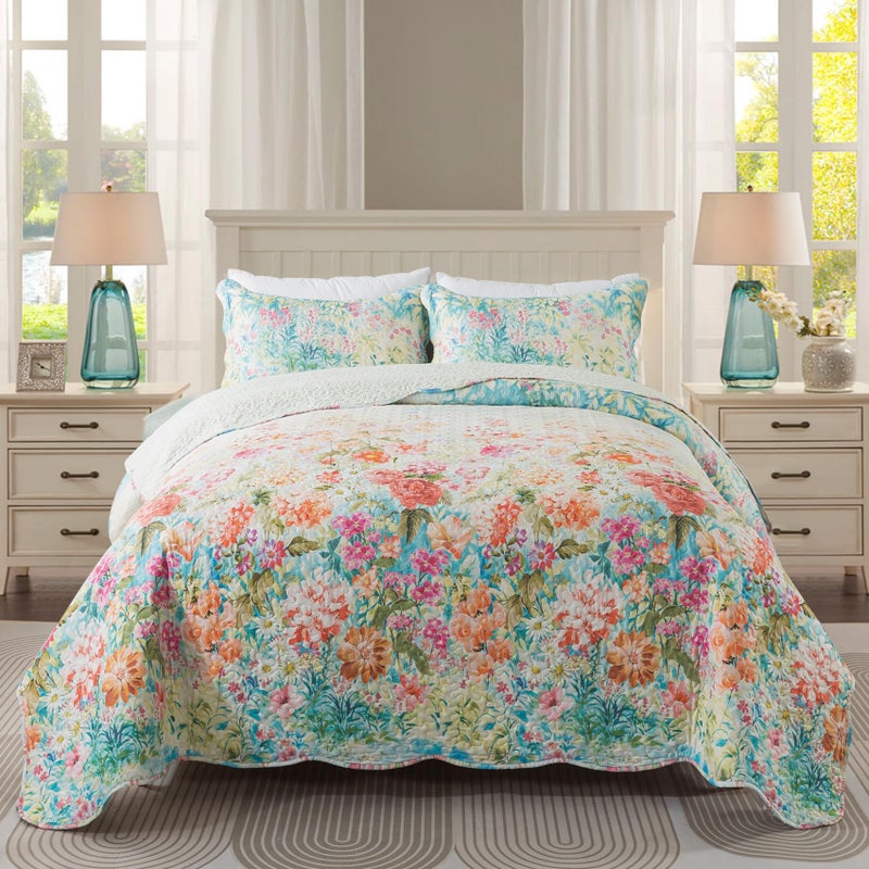 Travan Bedding Set - King Quilt Set with 1 Quilt and 2 Shams, Dream Garden-Champagne, Microfiber, All Season, 3 Pieces - Image 1
