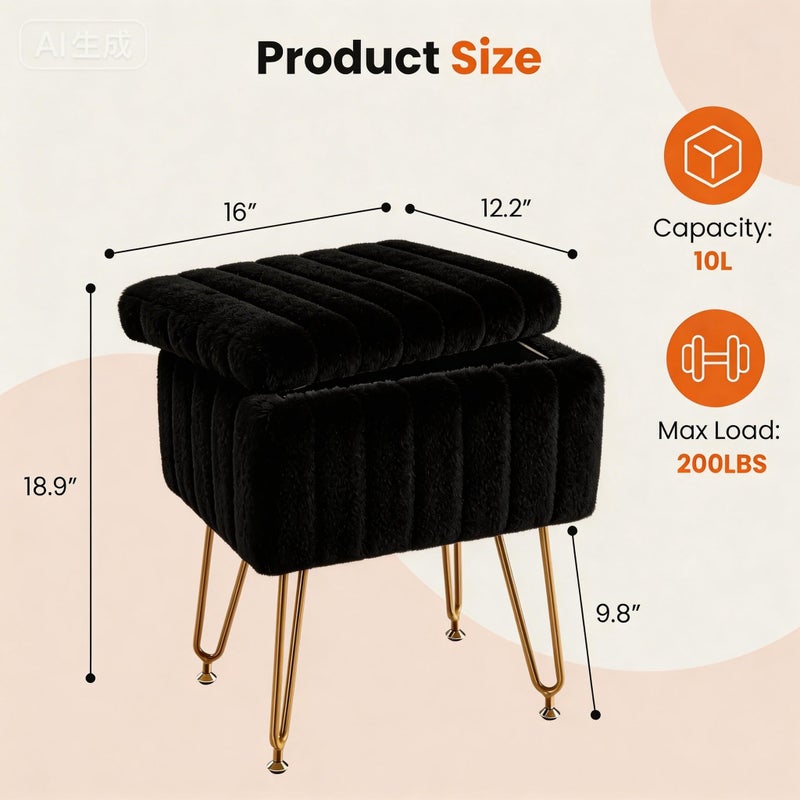 DUMOS Vanity Stool Chair, Ottoman with Storage, Makeup Cute Soft Small Footstool, Modern Style Faux Fur Seat with 4 Metal Legs & Adjustable Feet for Dressing, Living Room, Bedroom, Dorm, Black - Image 3