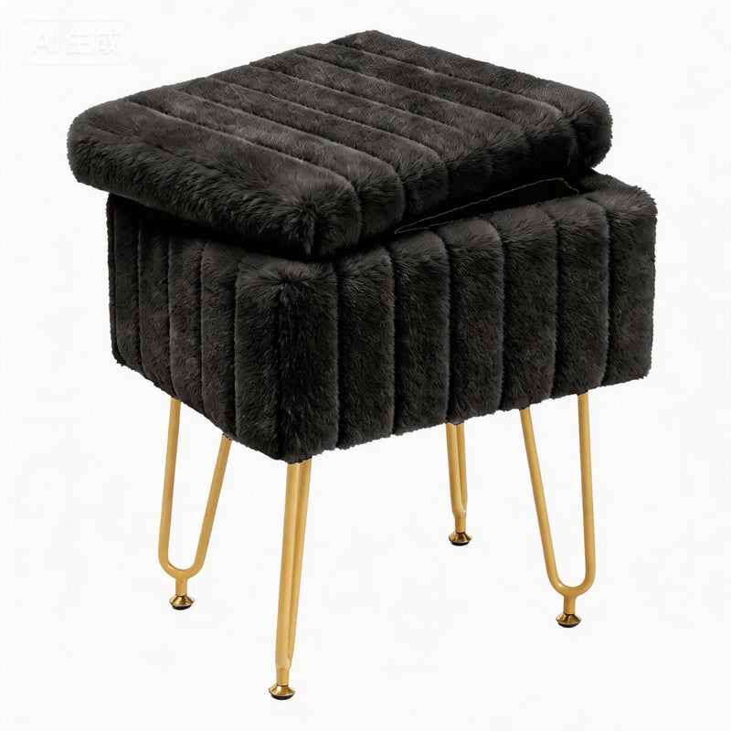 DUMOS Vanity Stool Chair, Ottoman with Storage, Makeup Cute Soft Small Footstool, Modern Style Faux Fur Seat with 4 Metal Legs & Adjustable Feet for Dressing, Living Room, Bedroom, Dorm, Black - Image 1