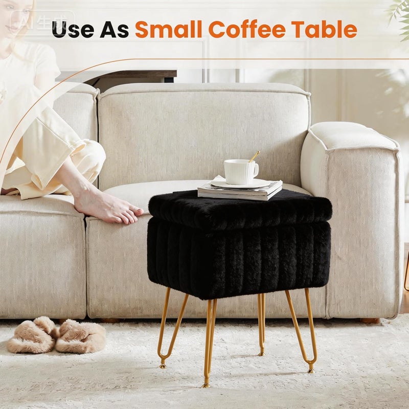 DUMOS Vanity Stool Chair, Ottoman with Storage, Makeup Cute Soft Small Footstool, Modern Style Faux Fur Seat with 4 Metal Legs & Adjustable Feet for Dressing, Living Room, Bedroom, Dorm, Black - Image 4