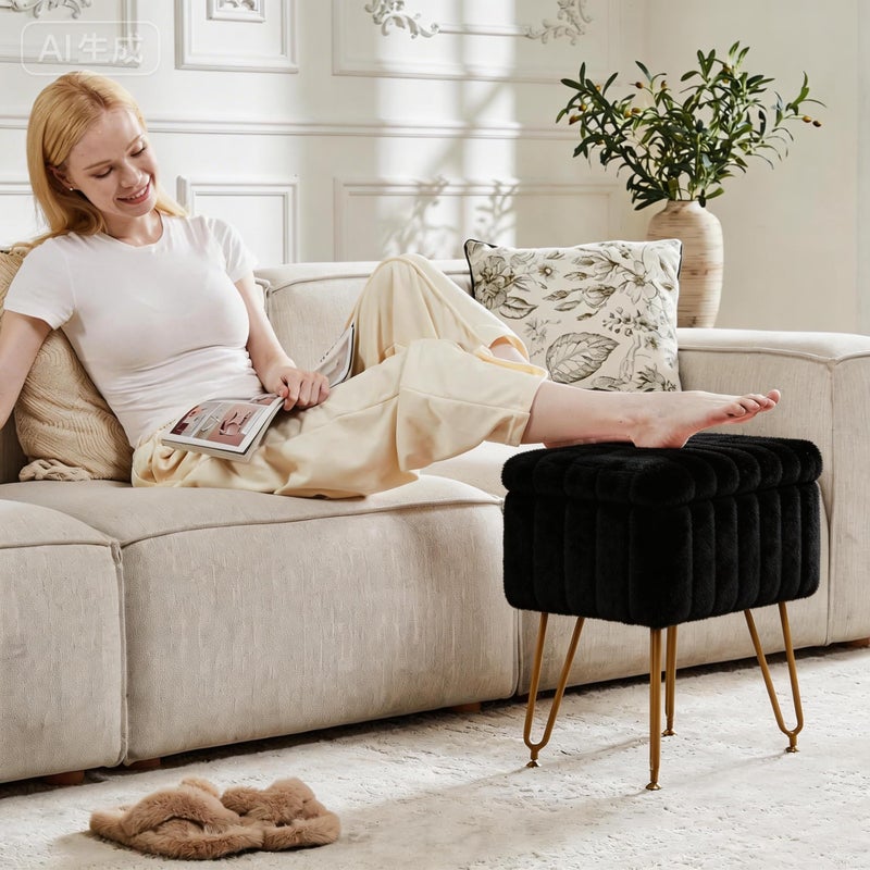 DUMOS Vanity Stool Chair, Ottoman with Storage, Makeup Cute Soft Small Footstool, Modern Style Faux Fur Seat with 4 Metal Legs & Adjustable Feet for Dressing, Living Room, Bedroom, Dorm, Black - Image 2