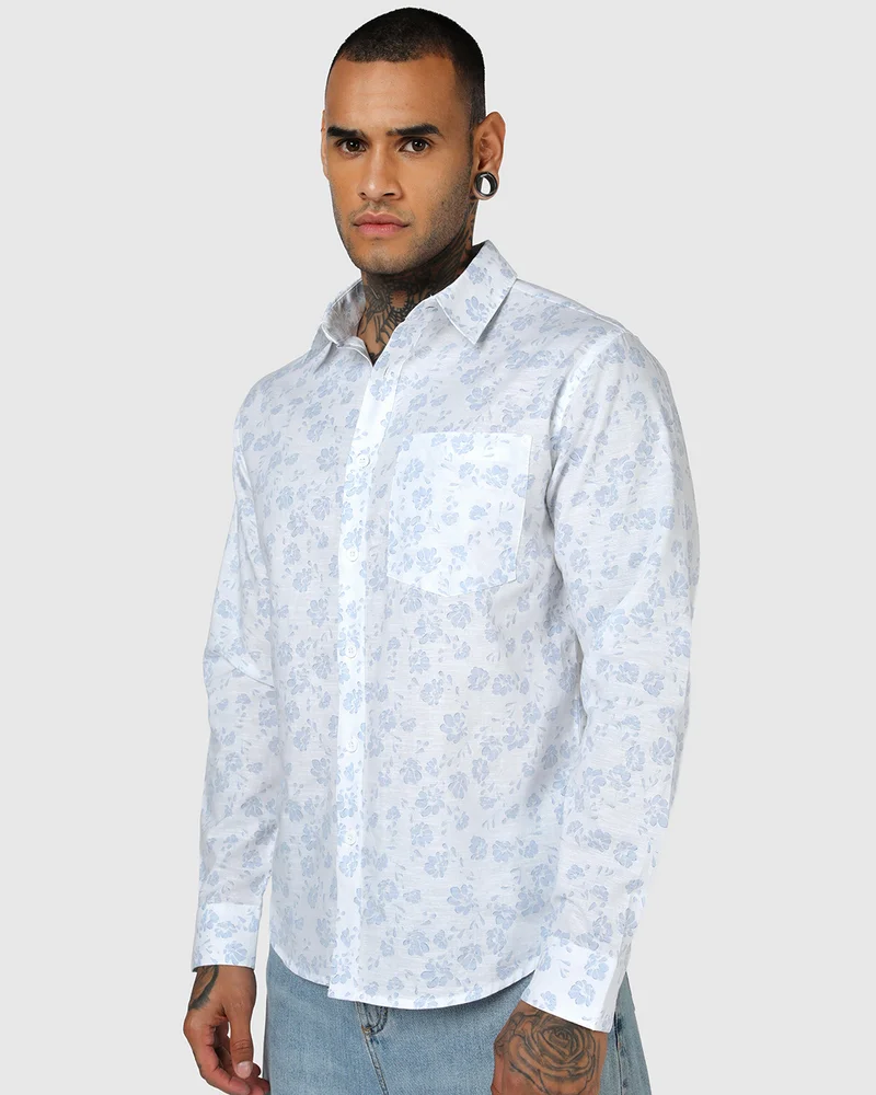 bewakoof Men's White & Blue All Over Printed Cotton Linen Shirt