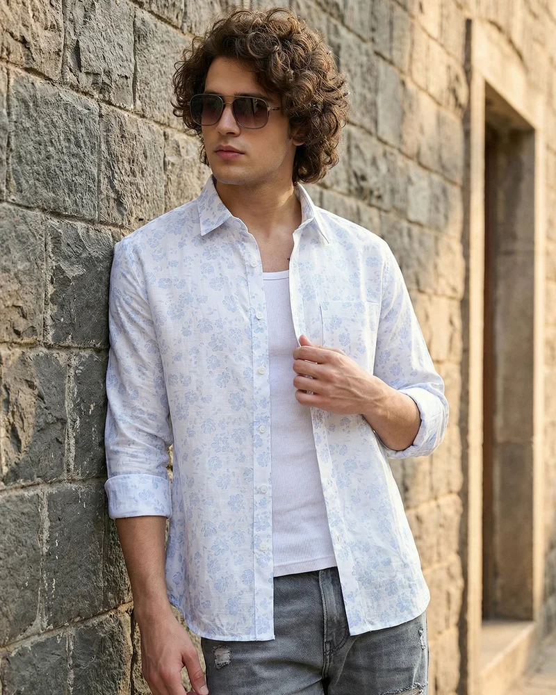 bewakoof Men's White & Blue All Over Printed Cotton Linen Shirt