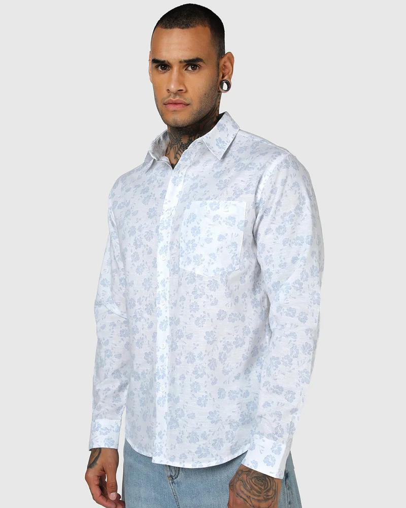 bewakoof Men's White & Blue All Over Printed Cotton Linen Shirt