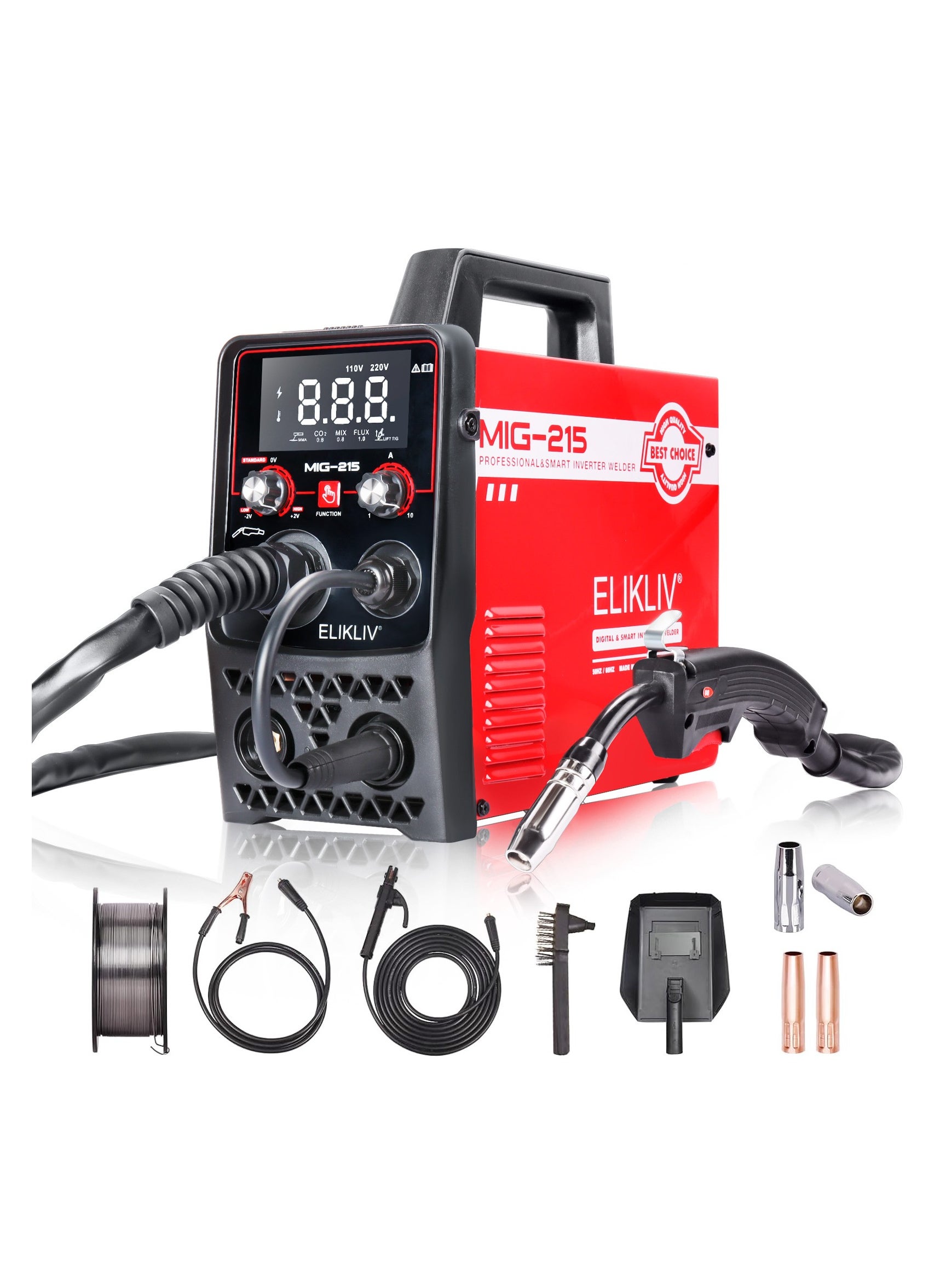 ماكينة لحام ELIKLIV 215Amp MIG، MIG/Lift TIG/MMA/ FLUX 4 في 1 متعددة العمليات، تغذية سلكية أوتوماتيكية، آلة لحام ذكية محمولة IGBT لحام عاكس 