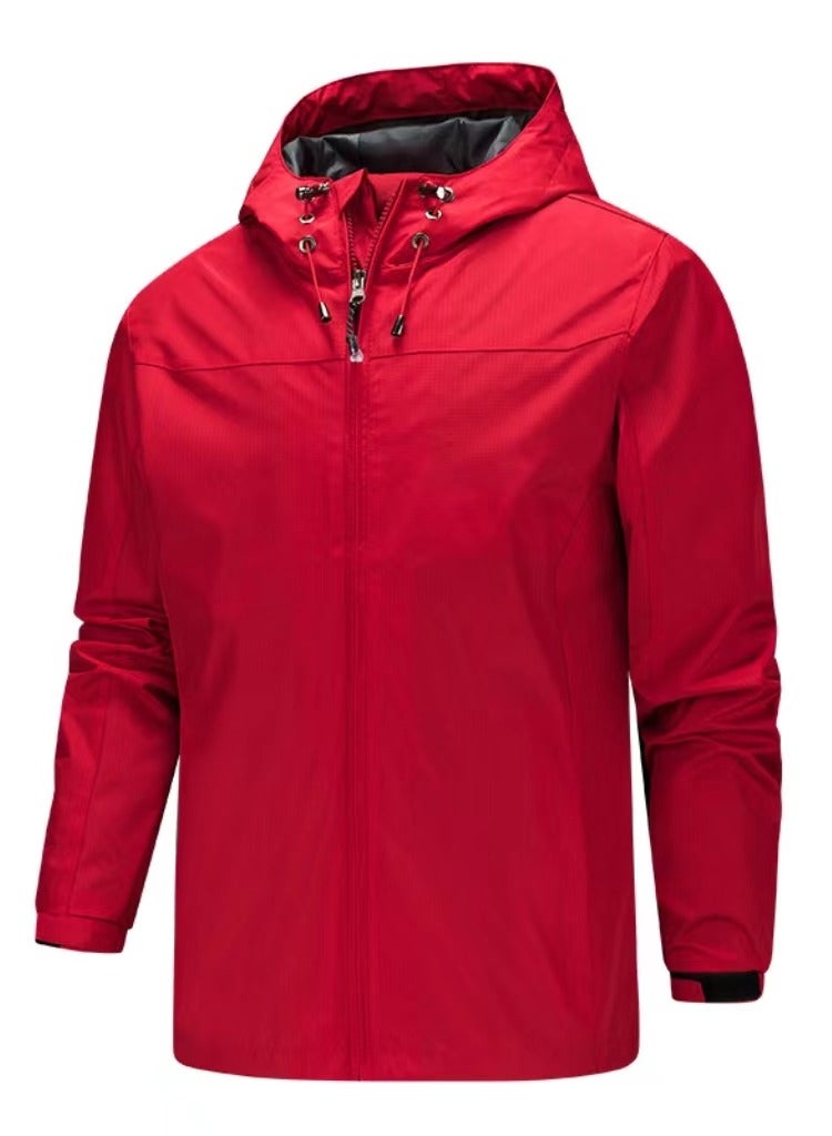 Loquat Men's Solid Color Hooded Zippered Slim Fit Outdoor Jacket Long Sleeve Casual Coat Red