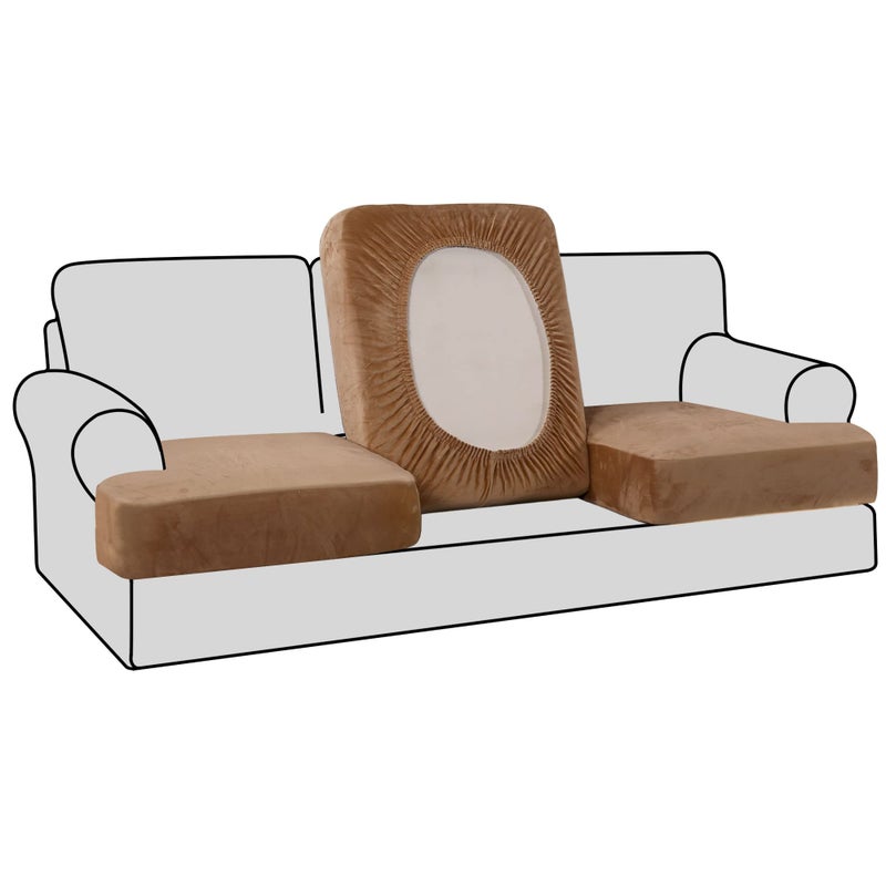 H.VERSAILTEX HVERSAILTEX Stretch Velvet 3 Piece T Cushion Sofa Slipcovers  Individually Fitting Cushion Covers for 3 Cushion Couch  Stay in Place Camel