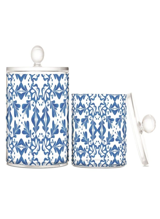 ElliTarr 2 Pack Qtip Dispenser Apothecary Jars with Lids Cotton Round Holder Bathroom Canisters for Cotton Swab Floss Ball Pads Clear Plastic Decorative Blue Tiles - Image 2
