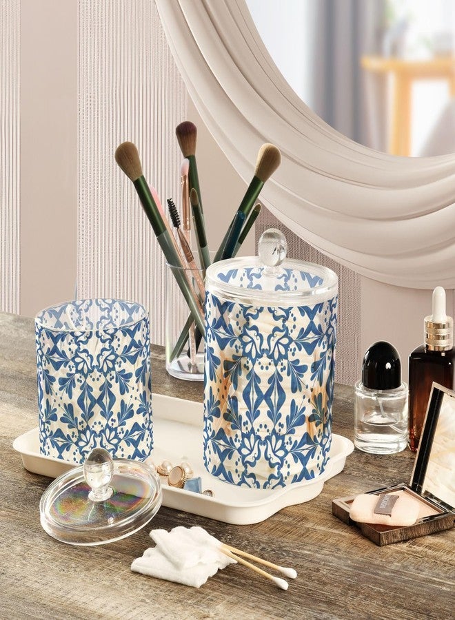 ElliTarr 2 Pack Qtip Dispenser Apothecary Jars with Lids Cotton Round Holder Bathroom Canisters for Cotton Swab Floss Ball Pads Clear Plastic Decorative Blue Tiles - Image 5