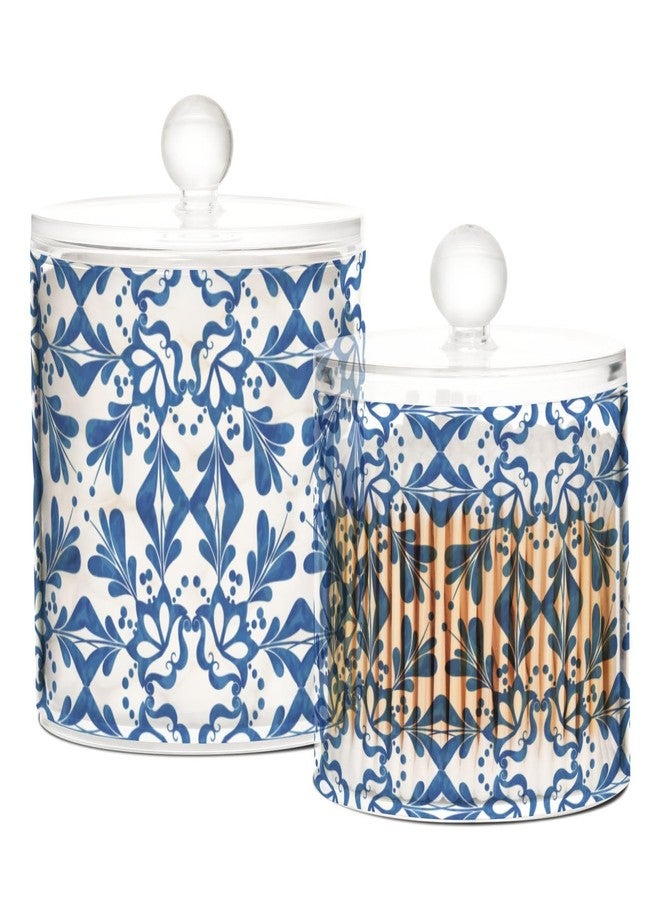 ElliTarr 2 Pack Qtip Dispenser Apothecary Jars with Lids Cotton Round Holder Bathroom Canisters for Cotton Swab Floss Ball Pads Clear Plastic Decorative Blue Tiles - Image 1
