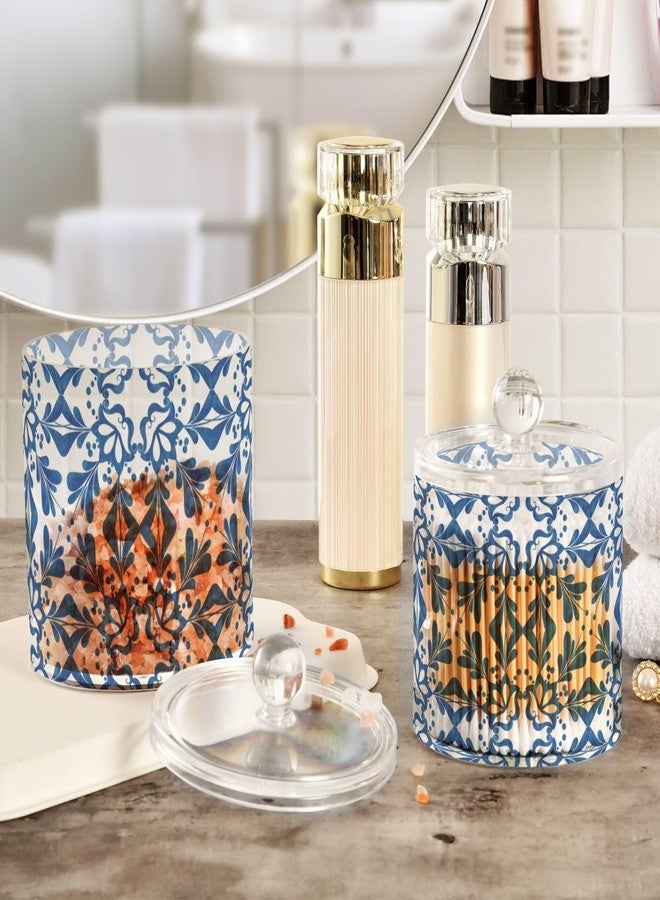 ElliTarr 2 Pack Qtip Dispenser Apothecary Jars with Lids Cotton Round Holder Bathroom Canisters for Cotton Swab Floss Ball Pads Clear Plastic Decorative Blue Tiles - Image 4