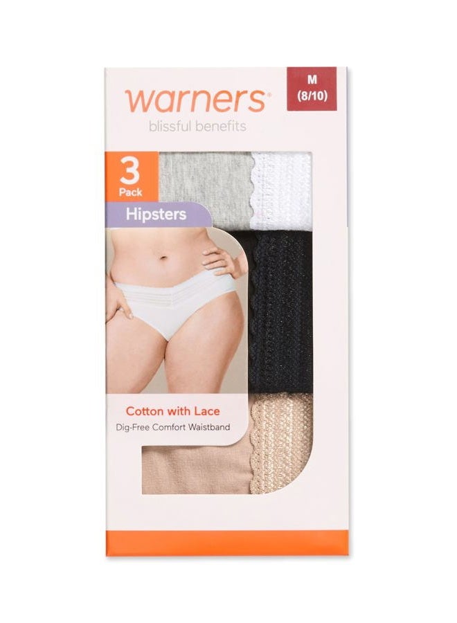 Warner's Women's Blissful Benefits Dig-Free Comfort Waist with Lace Cotton Hipster 3-Pack Ru2263w, Toasted Almond/Black/Light Grey Heather, XXL - Image 2