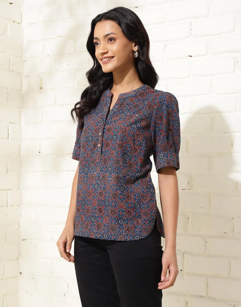 Fabindia Blue Cotton Ajrakh Printed Top
