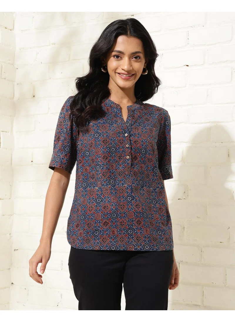 فاب انديا Blue Cotton Ajrakh Printed Top