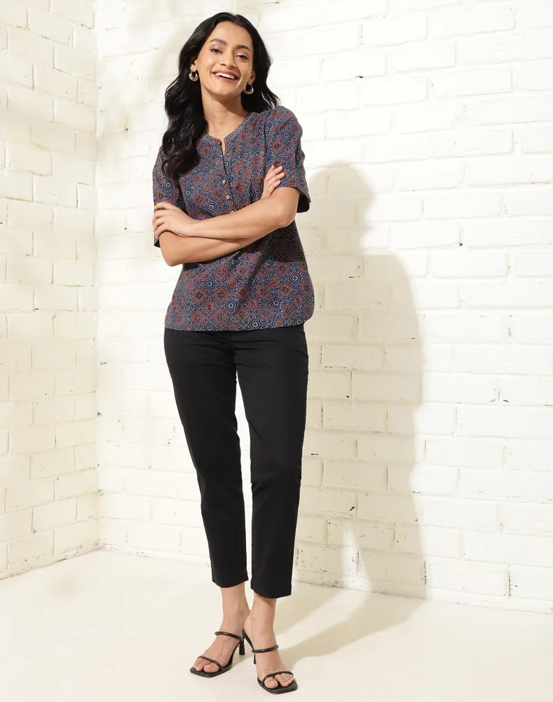 Fabindia Blue Cotton Ajrakh Printed Top