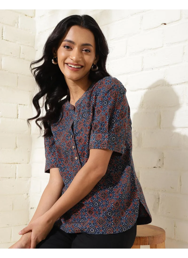 فاب انديا Blue Cotton Ajrakh Printed Top