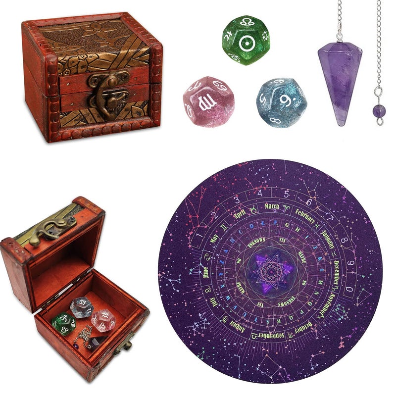 Knana 6Pcs Pendulum Board for Divination Pendulum Crystal for Dowsing Tarot Dice Astrology Dice with Box Wiccan Supplies and Tools Tarot Divination for Beginners - Image 2