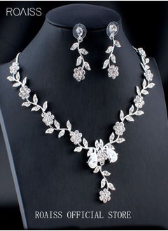 roaiss 3 Pcs Rhinestone Necklace Earrings Set Rose Flower Zircon Pendant Drop Dangle Bridal Evening Dress Accessories for Women Silver/Clear  - Image 5