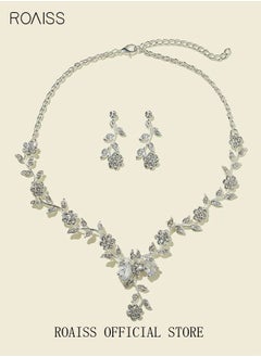 roaiss 3 Pcs Rhinestone Necklace Earrings Set Rose Flower Zircon Pendant Drop Dangle Bridal Evening Dress Accessories for Women Silver/Clear  - Image 3