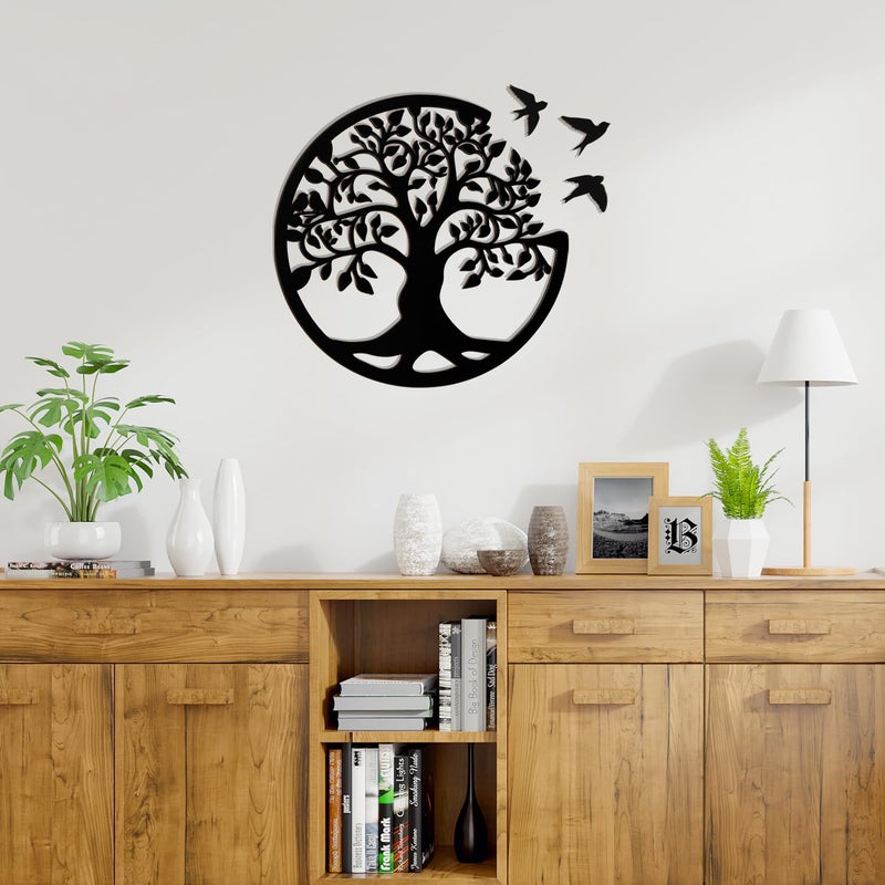 Focal20 Tree of Life Wall Art Wooden Tree Life Wall Decor with Three Birds 12 Inch Round Family Tree Life Wall Hanging Plaque for Bedroom Living Room Kitchen Office Farmhouse Decor Indoor Outdoor (Round Tree of Life - Black) - Image 4