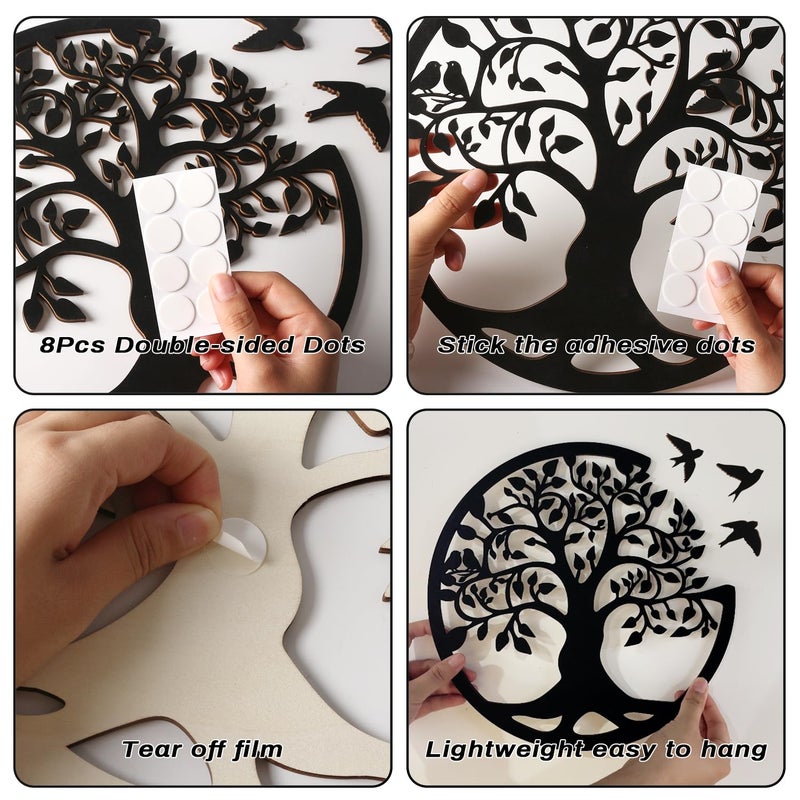 Focal20 Tree of Life Wall Art Wooden Tree Life Wall Decor with Three Birds 12 Inch Round Family Tree Life Wall Hanging Plaque for Bedroom Living Room Kitchen Office Farmhouse Decor Indoor Outdoor (Round Tree of Life - Black) - Image 3