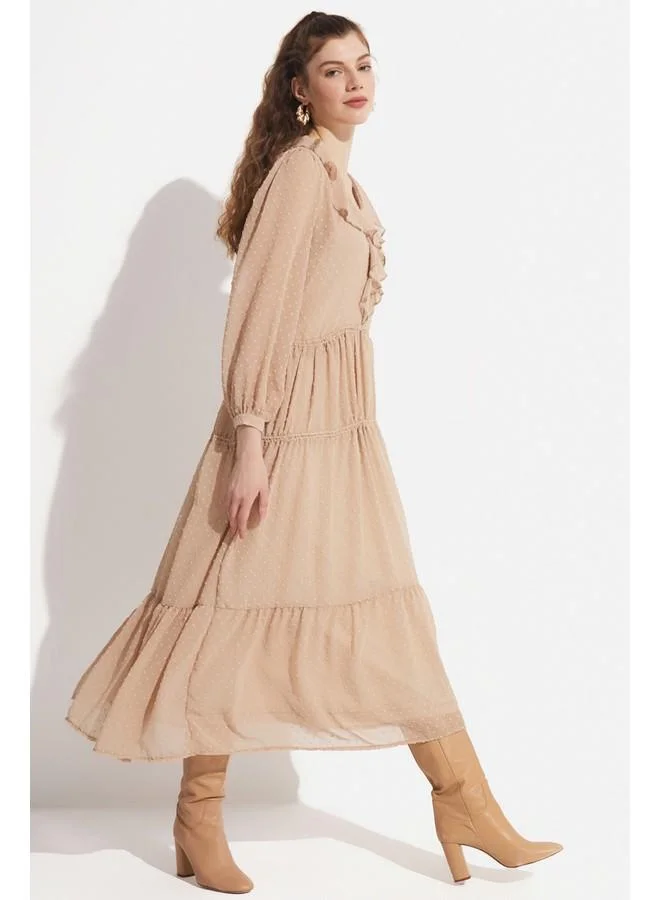 JUNE June Women Flounce Detailed Lined Woven Maxi Dress Stone
