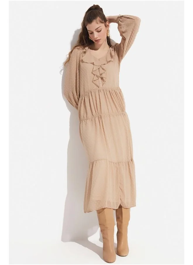 جون June Women Flounce Detailed Lined Woven Maxi Dress Stone