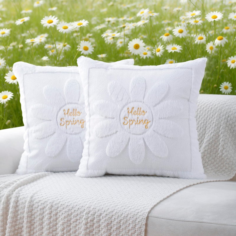 VAKADO Spring Summmer Decorative Throw Pillow Covers 18x18 Set of 2 White Couch Daisies Rhomboid Plush Velvet Square Cushion Cases Home Decor Gift for Sofa - Image 2