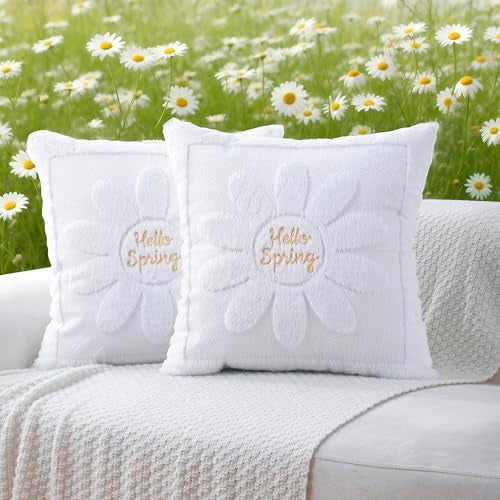 VAKADO Spring Summmer Decorative Throw Pillow Covers 18x18 Set of 2 White Couch Daisies Rhomboid Plush Velvet Square Cushion Cases Home Decor Gift for Sofa - Image 1