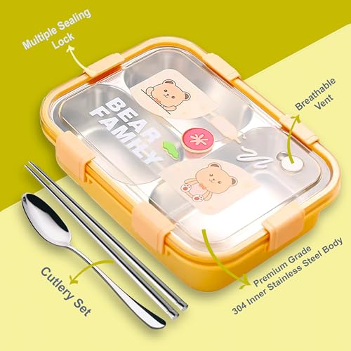 KBV Leak-Proof Stainless Steel Lunch Box (3 Compartment) – BPA-Free Airtight Insulated Tiffin Box with Spoon & Chopsticks | Food Grade Bento Lunch Box for School, Office, Kids, Travel | ISI Mark - Image 2