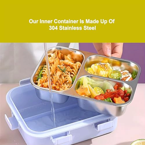 KBV Leak-Proof Stainless Steel Lunch Box (3 Compartment) – BPA-Free Airtight Insulated Tiffin Box with Spoon & Chopsticks | Food Grade Bento Lunch Box for School, Office, Kids, Travel | ISI Mark - Image 5