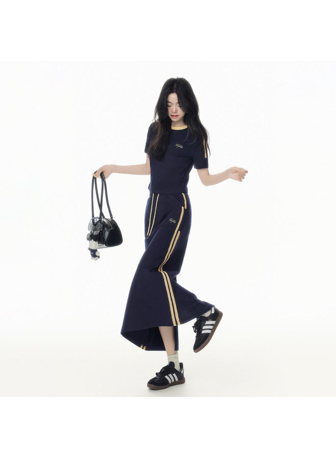 EPTISON طقم تي شيرت بأكمام قصيرة ضيقة بياقة دائرية صيفي جديد 2025 مع تنورة رياضية مزينة بشريط ملون - Image 4