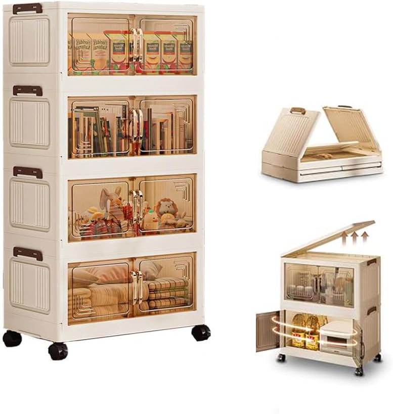 Emapoy Stackable Plastic Storage Organizers With Lids, 4 Tier Storage Cabinet with Wheels Dual Opening Storage Box, Collapsible Closet Organizer Foldable Clothes Snacks Toys Book Container Case - Image 1