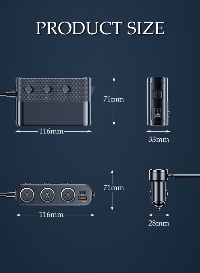 DUNISO 12/24W Cigarette Lighter USB Charger, 128W Car Charger with LED Voltage Display,Adapter with 3 Sockets,PD 30W & 4 USB Ports , Quick Charging for Car Devices with Independent  Switches - Image 2