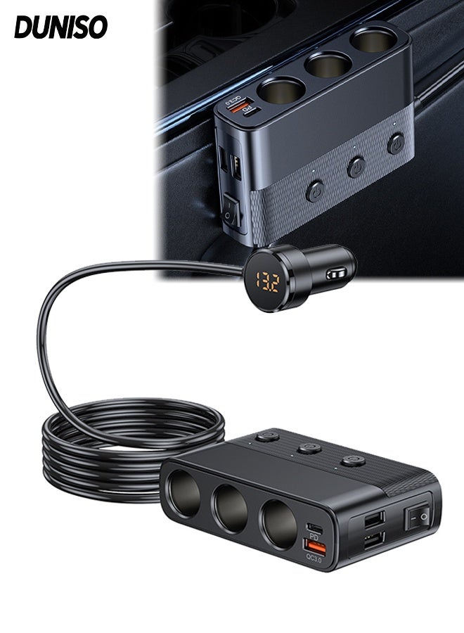 DUNISO 12/24W Cigarette Lighter USB Charger, 128W Car Charger with LED Voltage Display,Adapter with 3 Sockets,PD 30W & 4 USB Ports , Quick Charging for Car Devices with Independent  Switches - Image 1